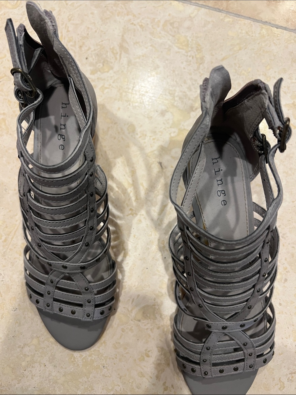 hinge Grey Multi-Strap Studded Gladiator Heels